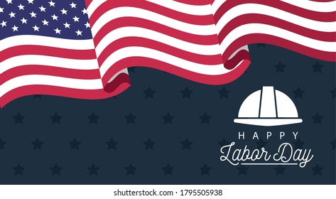 happy labor day celebration with helmet and usa flag vector illustration design