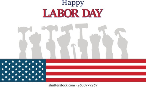 Happy Labor Day Celebration Poster with American Flag and Tools Silhouettes