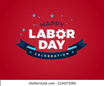 Happy Labor Day Celebration Text Vector Illustration - USA Labor Day Lettering Ribbon Design, Red Background 