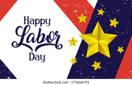 happy labor day celebration with usa flag and golden stars vector illustration design
