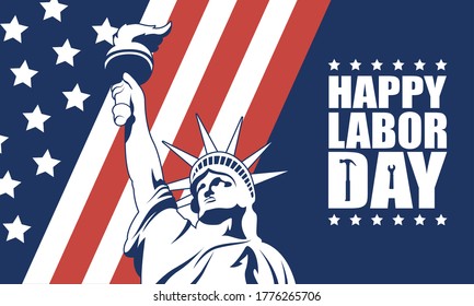 happy labor day celebration with usa flag and liberty statue vector illustration design