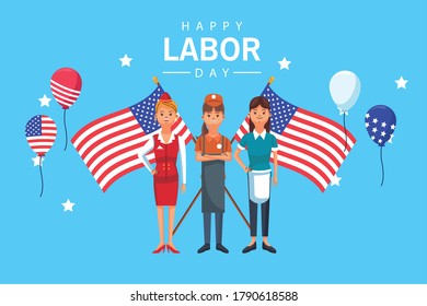 happy labor day celebration with workers and flags vector illustration design