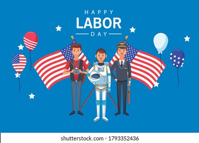 Happy labor day celebration with workers and flags, vector illustration design.