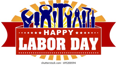 Happy Labor Day colorful celebrating banner with rays of sunburst and silhouettes of workers tools: hammer, screwdriver, pliers, file, soldering iron, pliers, awl, etc.