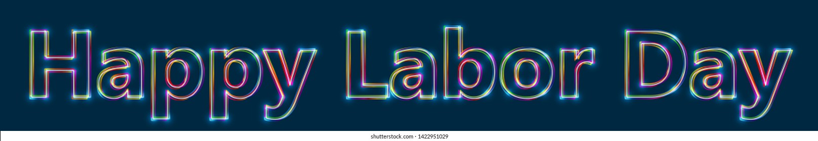 Happy Labor Day - Colorful multi-layered outline text with glowing light effect on blue background.