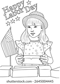 Happy Labor Day Coloring Page Line Art Illustration Featuring Young Person Holding Message, American Flag, and Stars - Ideal for Kids' Activities and Holiday Celebration Design Elements