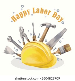 Happy Labor Day composition with construction and repair tools, including a protective helmet, hammer, wrench, and drill