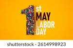 Happy labor day concept poster. Large group of people stands in the shape of the number 1. 1st of may. Vector illustration.