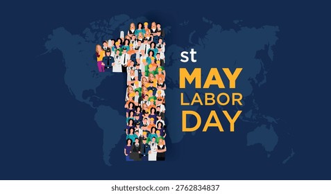 Happy labor day concept poster. Large group of people form to create number 1 as labour day is celebrated on 1st of may. Vector illustration.
