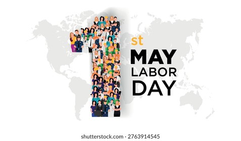 Happy labor day concept poster. Large group of people form to create number 1 on white background as labour day is celebrated on 1st of may. Vector illustration.