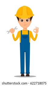 Happy Labor day. Constructor worker. Builder. Handsome repair worker holding wrench and showing OK sign. Cute cartoon character repairer. Happy Labor day. Vector illustration.