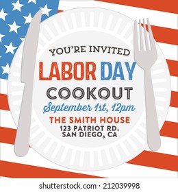 Happy Labor Day Cookout Invitation | American Holiday Picnic Barbecue Flag Invite Vector