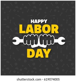 Happy labor Day Creative Typography with wrench and workers hands on a Black Pattern Background