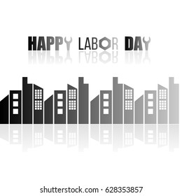 Happy Labor Day creative typography with black silhouette of buildings on white background