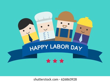 Happy labor day. Cute cartoons group of working people, business man, chef, farmer, engineer smile face decorated by blue banner, red stars celebrate graphic, Flat character design vector illustration