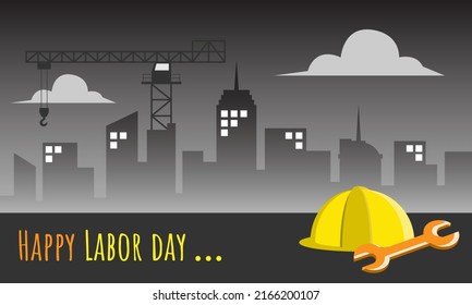 Feliz Día del Trabajo. Fondo oscuro con silueta de ciudad. apto para eventos del día laboral