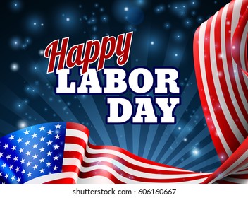 A Happy Labor Day design with an American flag banner border