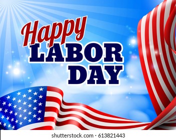 A Happy Labor Day design with an American flag banner border and sky in the background