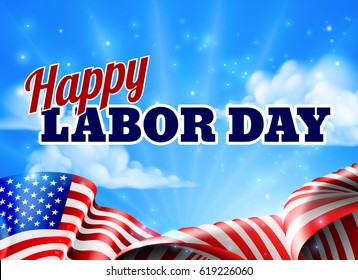 A Happy Labor Day design with an American flag banner and sky in the background