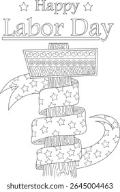 Happy Labor Day detailed line art illustration coloring page featuring decorative sign, star-spangled banner wrapped around a wooden pole for holiday activities and celebrations.