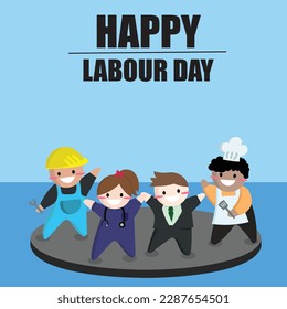 Happy labor day different occupation people standing vector, Labor day poster with cartoon workers greeting and smiling