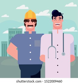 happy labor day - doctor and worker city street urban vector illustration