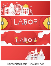 Happy Labor day of every country of the world. Bundle of template design for banner, poster, cover, advertisement, website. Vector illustration in paper cut and craft style on red background.