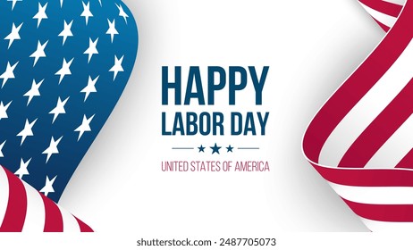 Happy Labor Day festive banner with waving national flag of the United States. American federal holiday. Vector illustration.