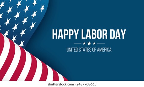 Happy Labor Day festive banner with waving national flag of the United States. American federal holiday. Blue background. Vector illustration.