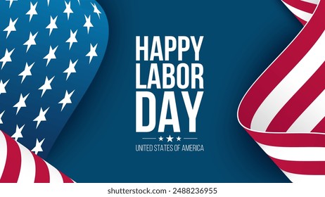 Happy Labor Day festive banner with waving national flag of the United States. American federal holiday. Blue background. Vector illustration.