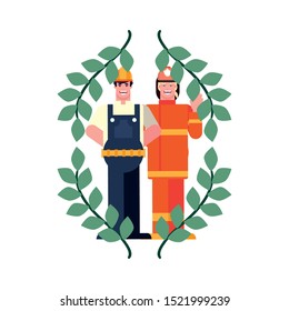 happy labor day - firefighter and worker laurel frame vector illustration
