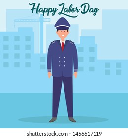 Happy Labor day,  Flat vector illustration of smiling pilot. Young captain of aircraft.