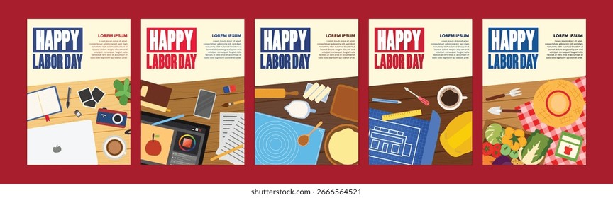 Póster de Vector plano del día del trabajo feliz. Perfecto para diseños de celebración navideña, Anuncios y gráficos estacionales.