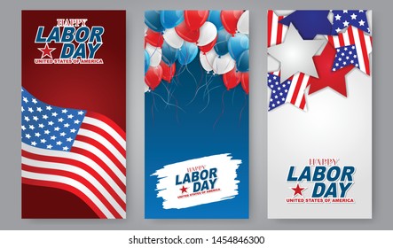 Happy Labor Day flyer or brochure set. Background design with USA national flag and blue, white, and red balloons. Vector illustration.