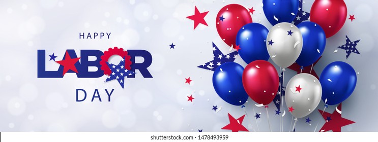 Happy Labor Day greeting banner. Festive design with helium balloons in national colors of american flag and pattern of stars. USA banner for sale, discount, advertisement, web. Place for text