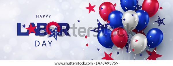 Happy Labor Day greeting banner. Festive design with\
helium balloons in national colors of american flag and pattern of\
stars. USA banner for sale, discount, advertisement, web. Place for\
text