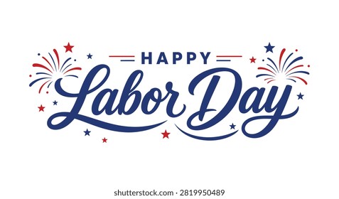 Happy labor day greeting card with construction worker silhouette and american flag elements isolated on white background