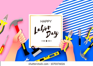 Happy Labor Day greetings card for national, international holiday. Hands workers holding tools in paper cut styl on sky blue. Square frame. Space for text.
