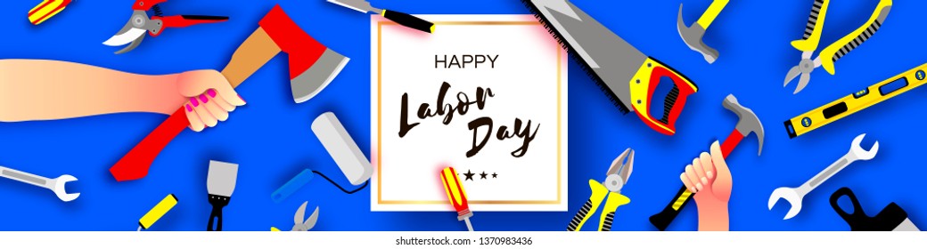 Happy Labor Day Greetings Card For National, International Holiday. Hand Workers Holding Tools In Paper Cut Style On Blue. Square Frame. Space For Text. Vector.