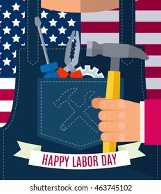 Happy Labor day Greetings Cards design Poster, banner, brochure, flyer with a worker in denim overalls holds a hammer in his hand in the pocket of building tools. Flat style vector illustration EPS 10