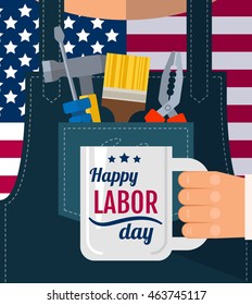 Happy Labor day Greetings Cards Poster, banner, flyer with a worker in denim overalls holding a cup congratulations in hand in the pocket of building tools. Flat style vector illustration EPS 10