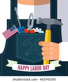 Happy Labor day Greetings Cards design Poster, banner, brochure, flyer with a worker in denim overalls holds a hammer in his hand in the pocket of building tools. Flat style vector illustration EPS 10