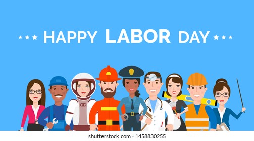 happy labor day group of different profession people banner