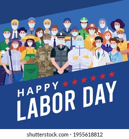 Happy Labor Day. Group of People with Different Jobs wearing Face Masks. Vector