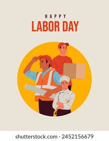 Happy Labor Day, With a Group Of People Of Different Professions, Chef a delivery boy and construction workers. Labour Day On 1 May. vector illustration