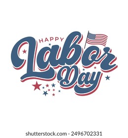 Happy Labor Day hand drawn lettering design with a USA flag  and stars icon. Labor day editable vintage text for print and social media banner, poster, greeting card. Labor day sticker logo.