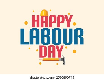 Happy Labor Day hand drawn typography greeting card with red and blue color text, star icon on white background.