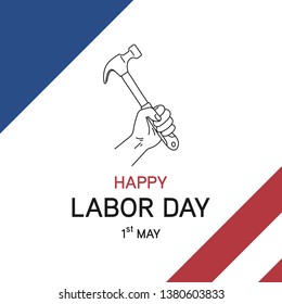 Happy Labor day,  hand holds hammer in line style logo with usa flag color at background vector illustration