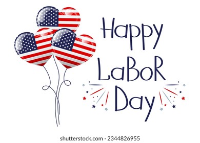 Happy labor day. Heart balloons with USA flag pattern. Illustration, congratulatory banner, poster, vector