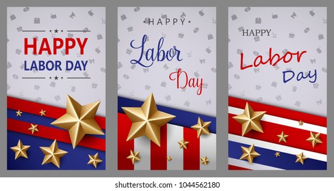 Happy Labor Day holiday banner with golden stars. United States national flag